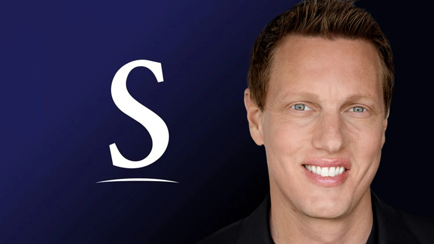 A smiling man appears beside a large white letter S on a dark blue background.