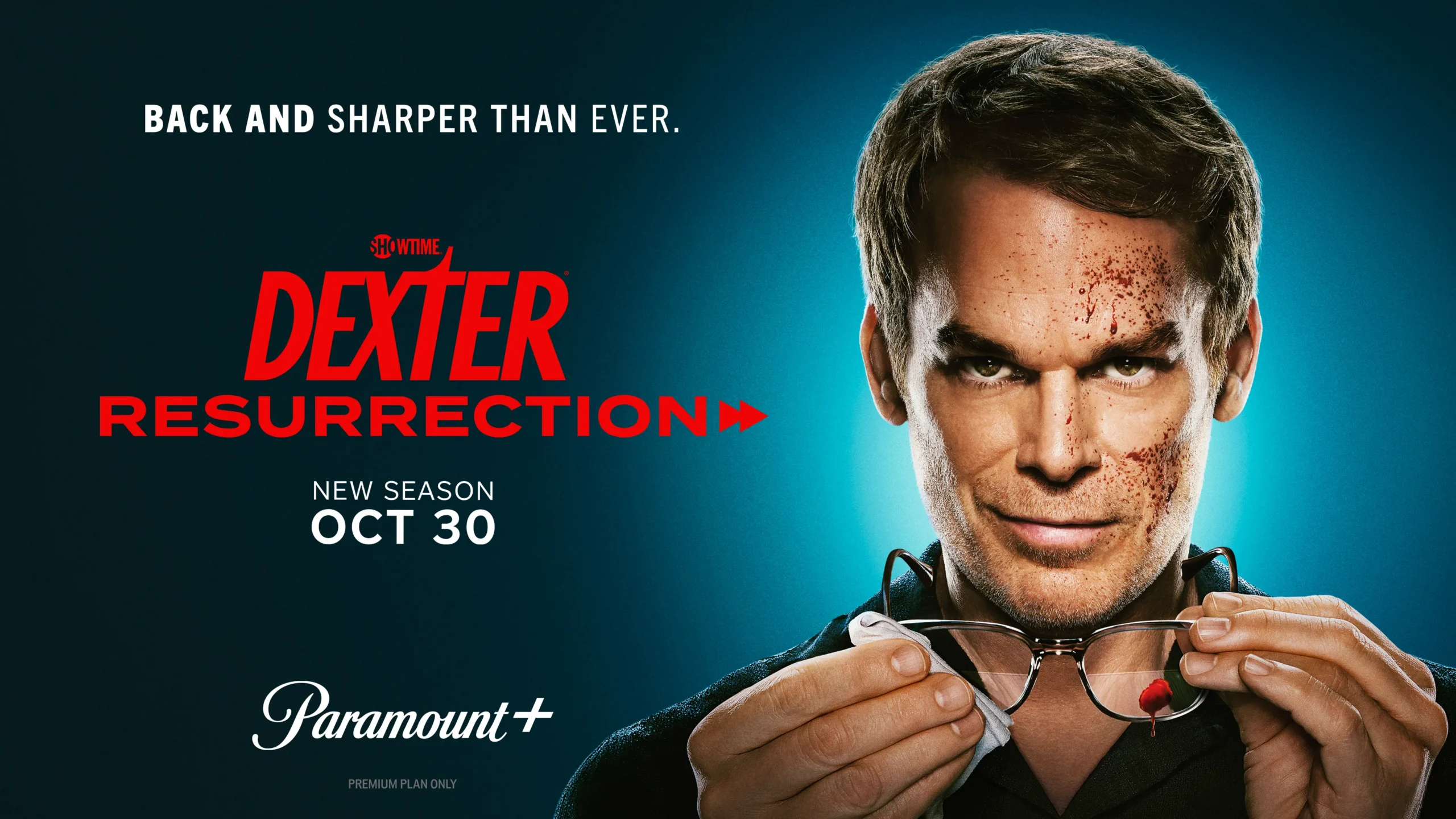 A blood-spattered man holds eyeglasses beside red Dexter: Resurrection promotional text on a teal background.