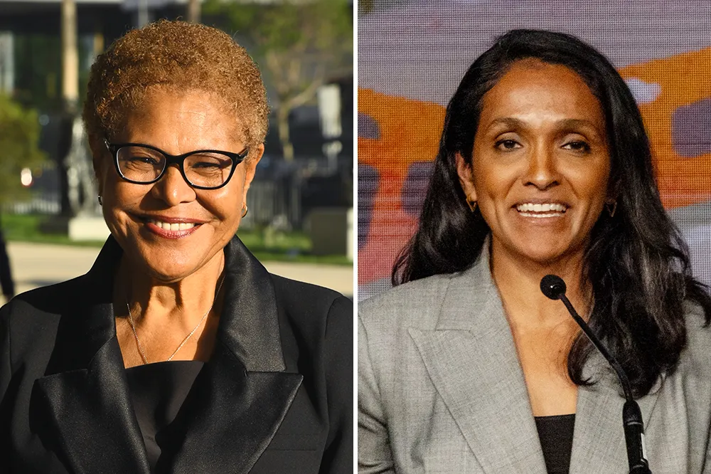 Side-by-side portraits of two women, one wearing glasses outdoors and one speaking at a microphone indoors.