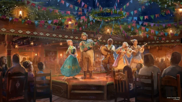 Costumed performers sing and play instruments on a warmly lit stage beneath colorful banners as diners watch.