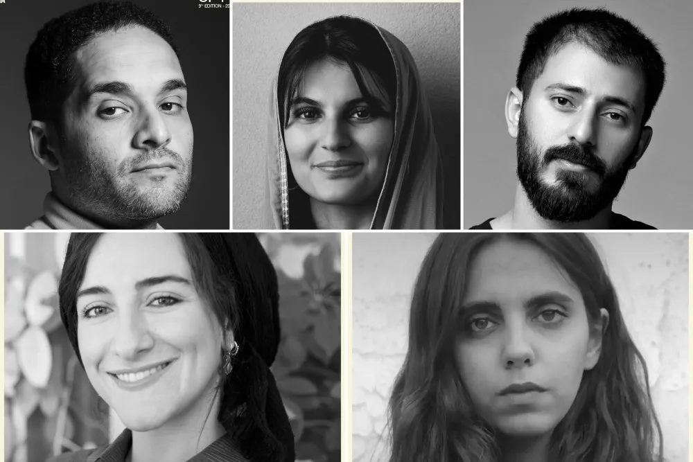 Black-and-white collage of five headshots, showing three people on the top row and two below.