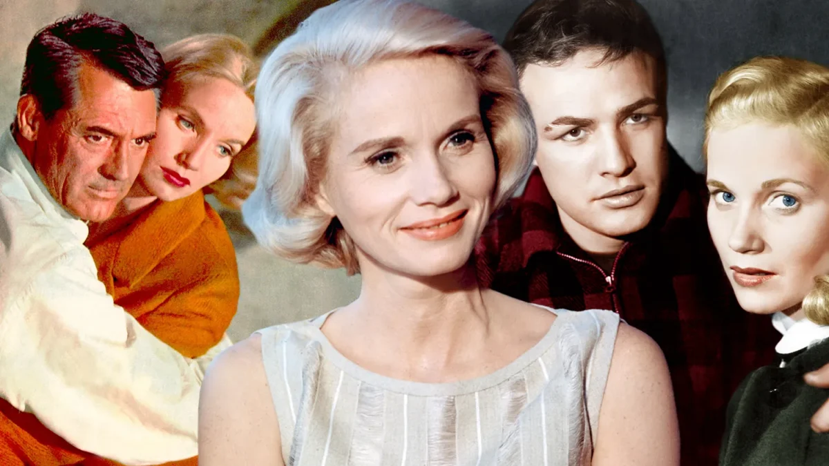 Collage of vintage portraits showing five people, with a smiling blonde woman centered and four others behind her.