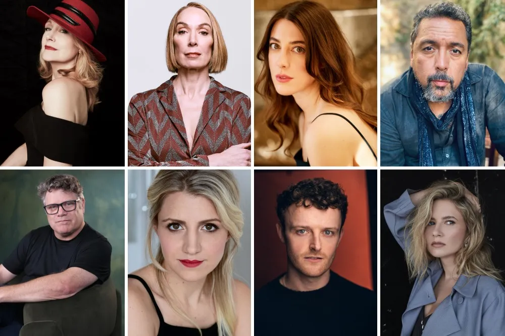 Collage of eight individual portraits of adults posing against varied studio and outdoor backgrounds.