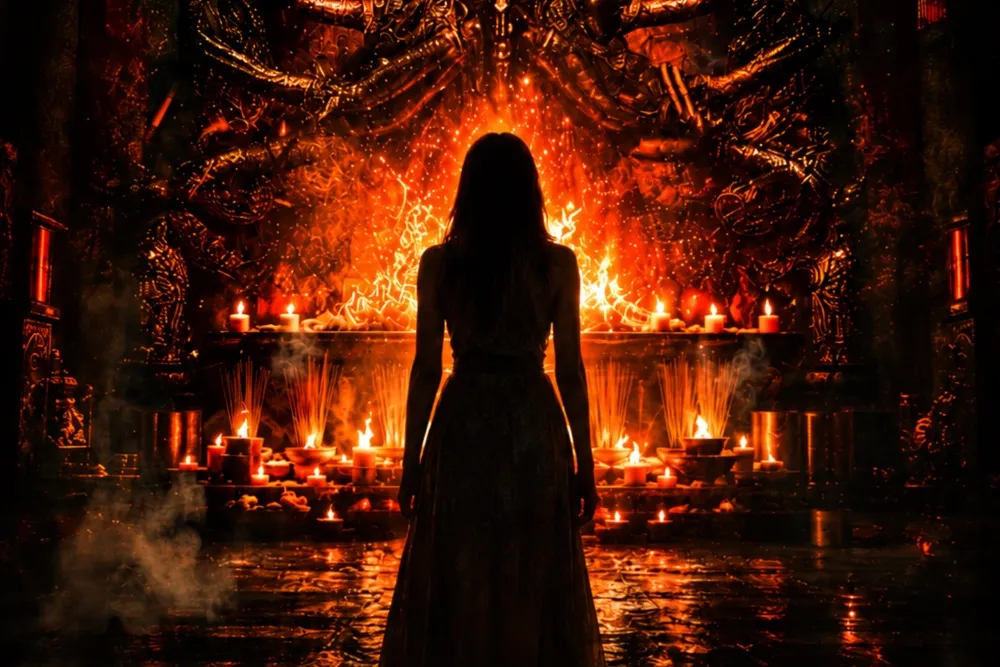 A silhouetted figure stands before a fiery candlelit altar surrounded by dark ornate carvings and smoke.