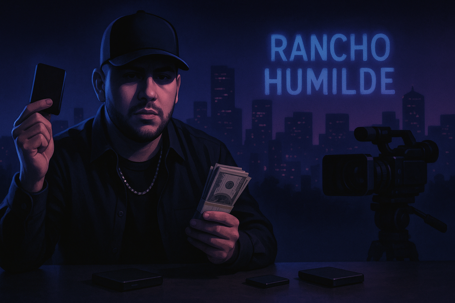 A man in a cap holds a phone and cash beside a video camera, with “Rancho Humilde” projected behind him.