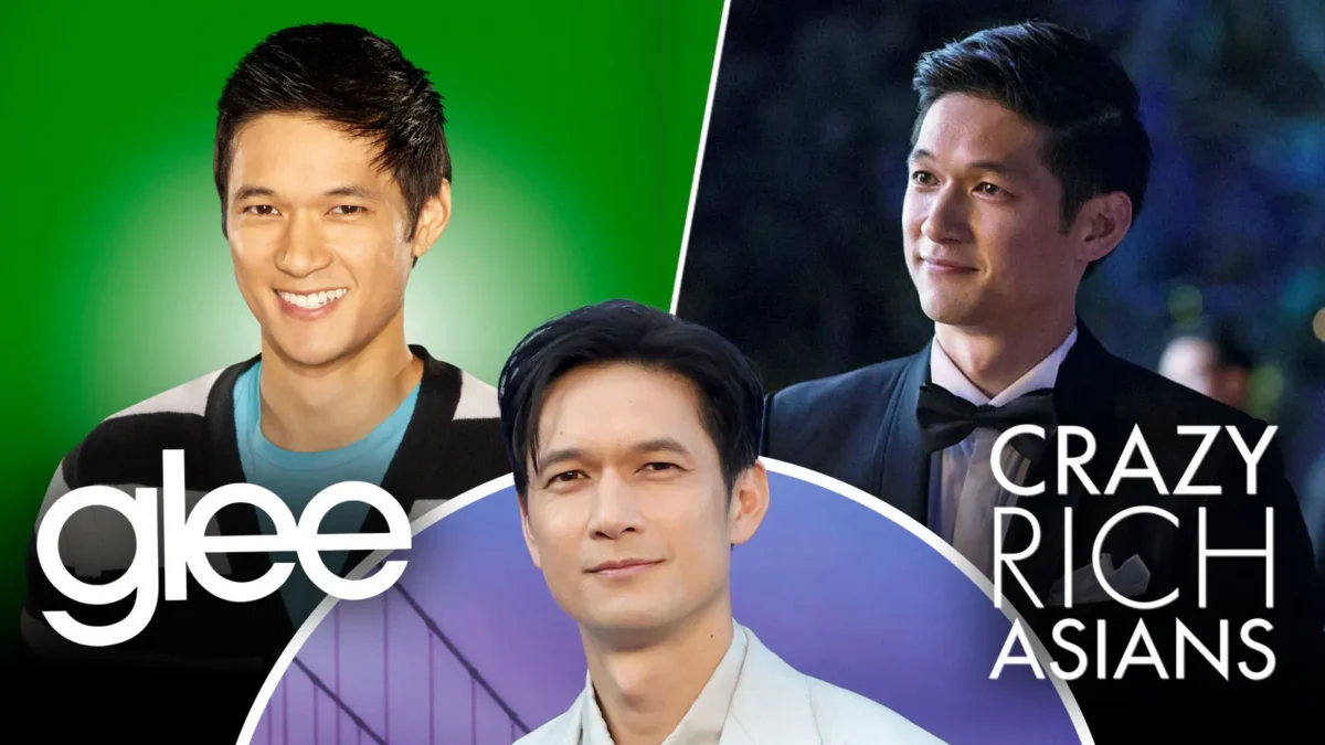 Composite of three men with visible “glee” and “Crazy Rich Asians” text on green, purple, and dark backgrounds.