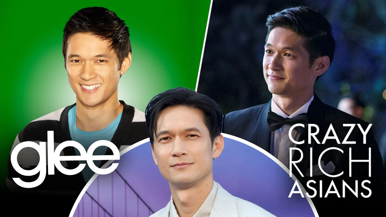 Composite of three men with visible “glee” and “Crazy Rich Asians” text on green, purple, and dark backgrounds.