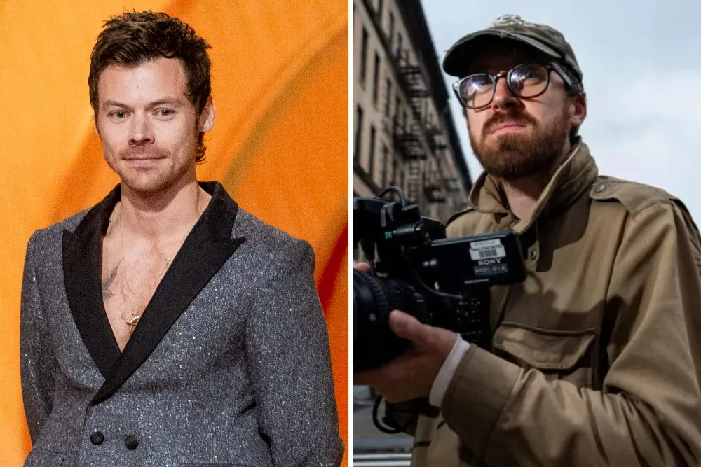 Split image shows a man in a sparkly gray suit and a bearded man holding a camera outdoors.