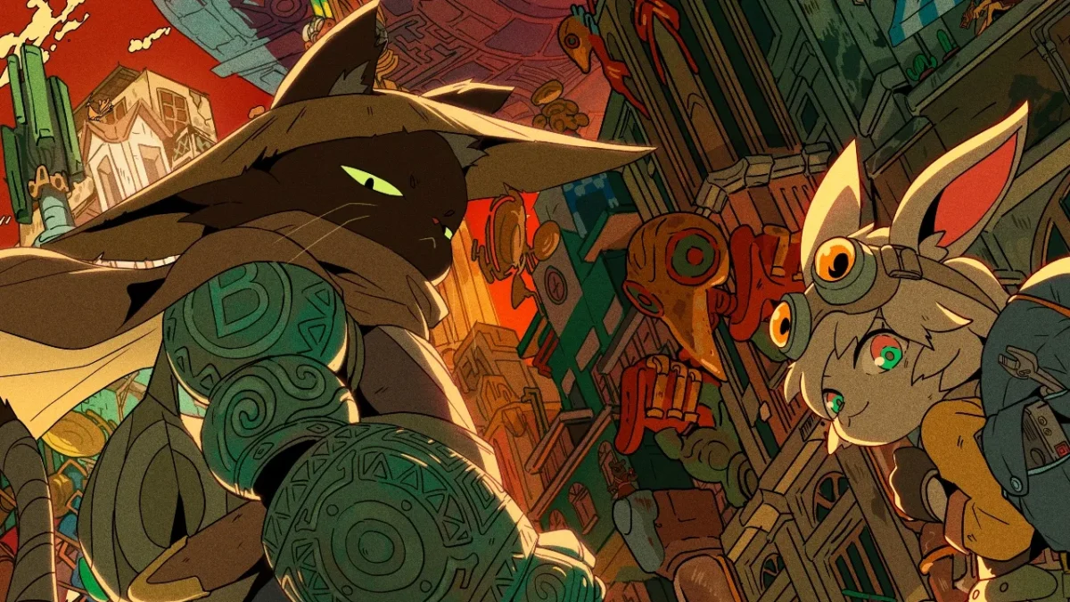 Animated black cat with glowing green eyes and a patterned metal arm faces a rabbit-like character in a futuristic city.