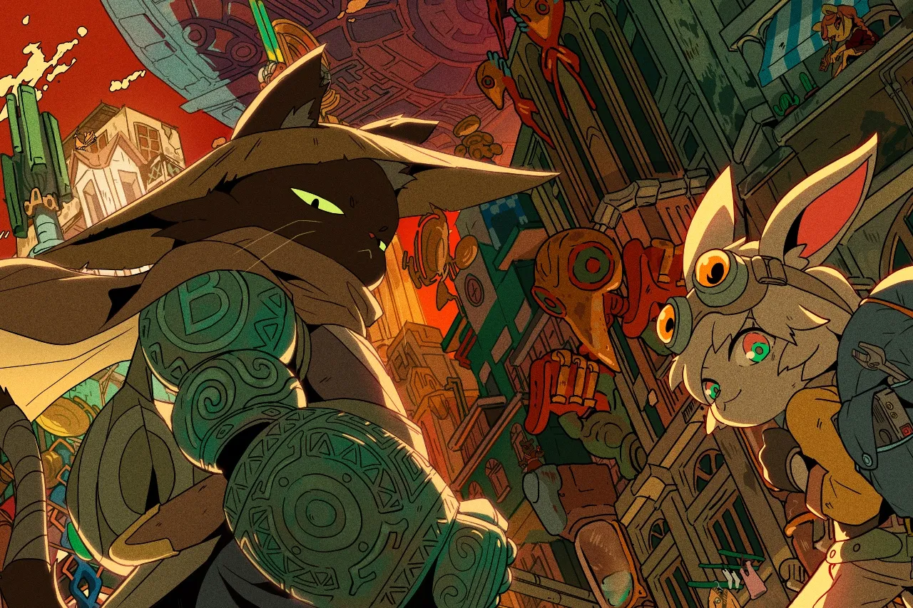 Animated black cat with glowing green eyes and a patterned metal arm faces a rabbit-like character in a futuristic city.