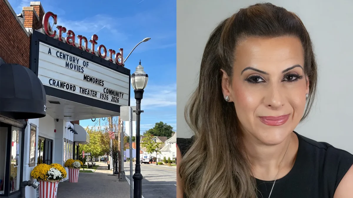 Cranford theater marquee reading “A Century of Movies Memories” beside a headshot of a smiling woman.