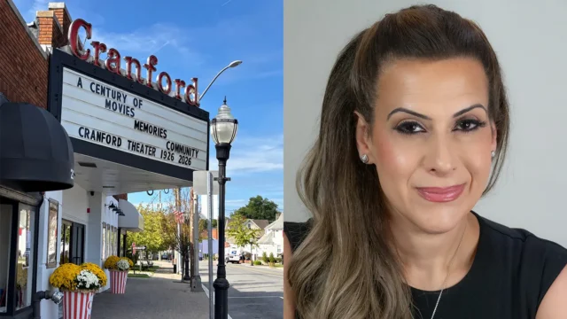 Cranford theater marquee reading “A Century of Movies Memories” beside a headshot of a smiling woman.
