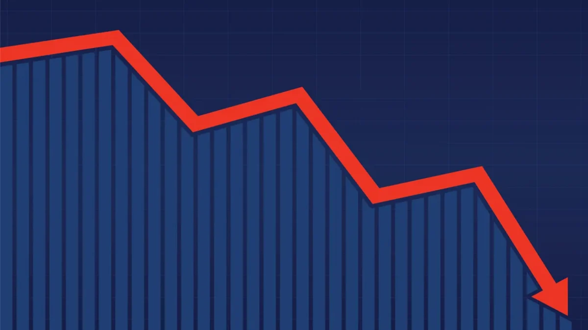 A red downward zigzag arrow crosses a blue bar chart on a dark grid background.