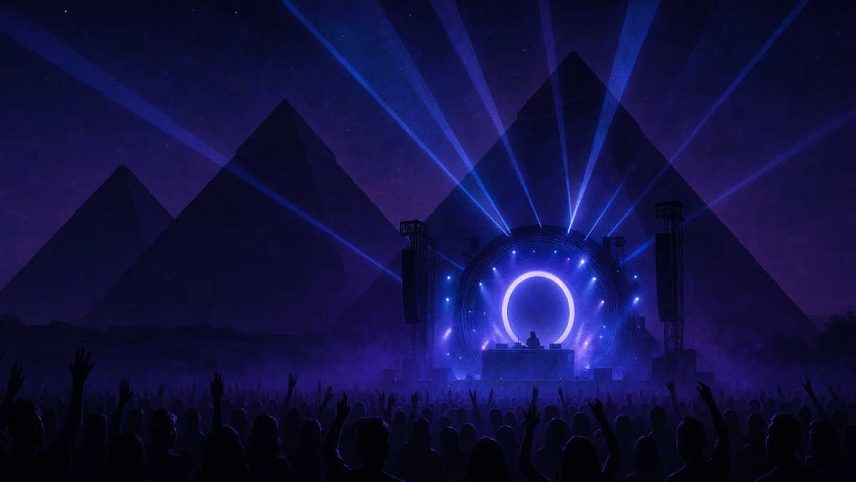 A crowd faces a brightly lit stage with blue beams shining between large pyramid silhouettes at night.