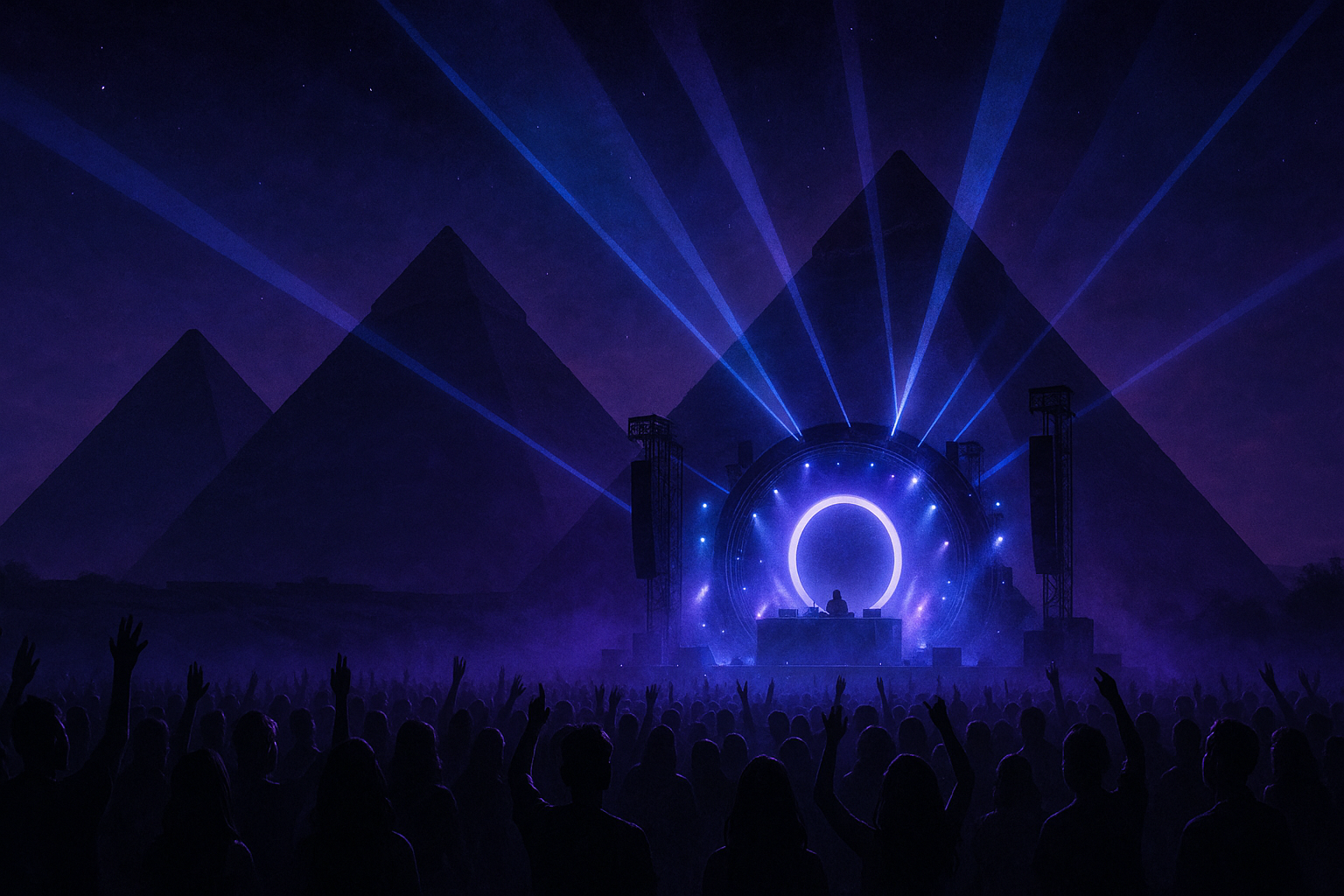 A crowd faces a brightly lit stage with blue beams shining between large pyramid silhouettes at night.