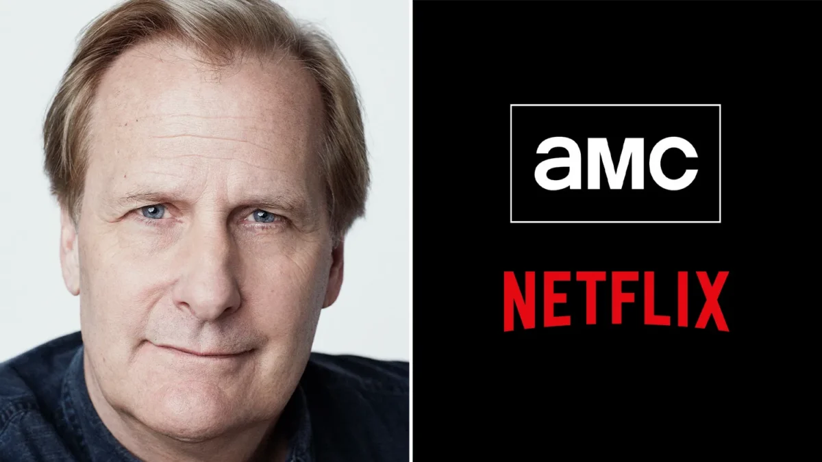 Close-up portrait of a man beside AMC and Netflix logos on a black background.