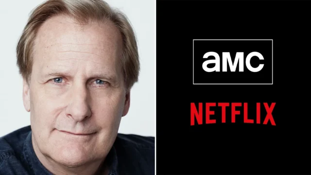 Close-up portrait of a man beside AMC and Netflix logos on a black background.