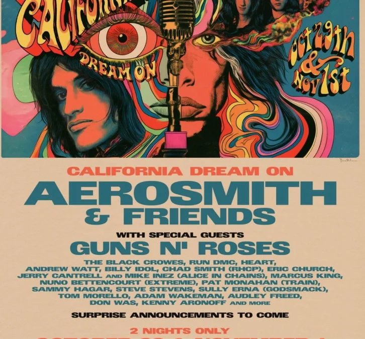Psychedelic concert poster for “Aerosmith & Friends” with illustrated faces, a microphone, eyes, and colorful swirling graphics.