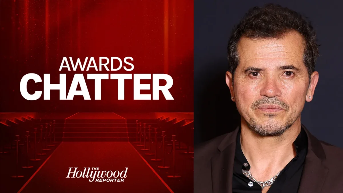 Split graphic shows “Awards Chatter” on a red carpet backdrop beside a close-up portrait of a man.