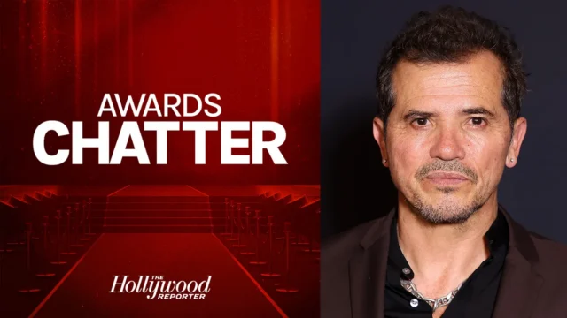 Split graphic shows “Awards Chatter” on a red carpet backdrop beside a close-up portrait of a man.