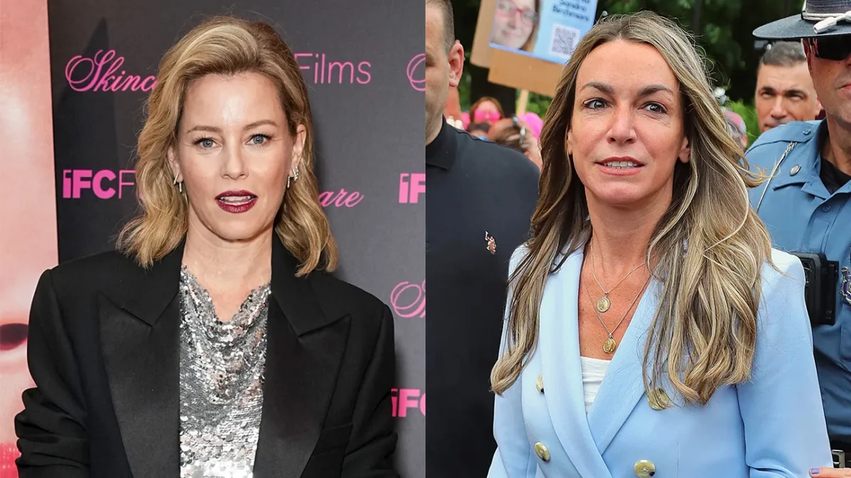 Two women shown side by side: one in a black blazer indoors, one in a light blue blazer outdoors.
