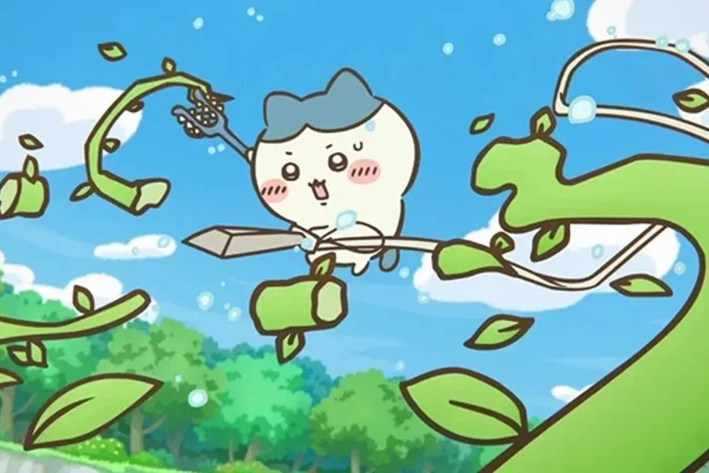A cartoon creature with blue hair flies on a spear amid twisting green vines and leaves.