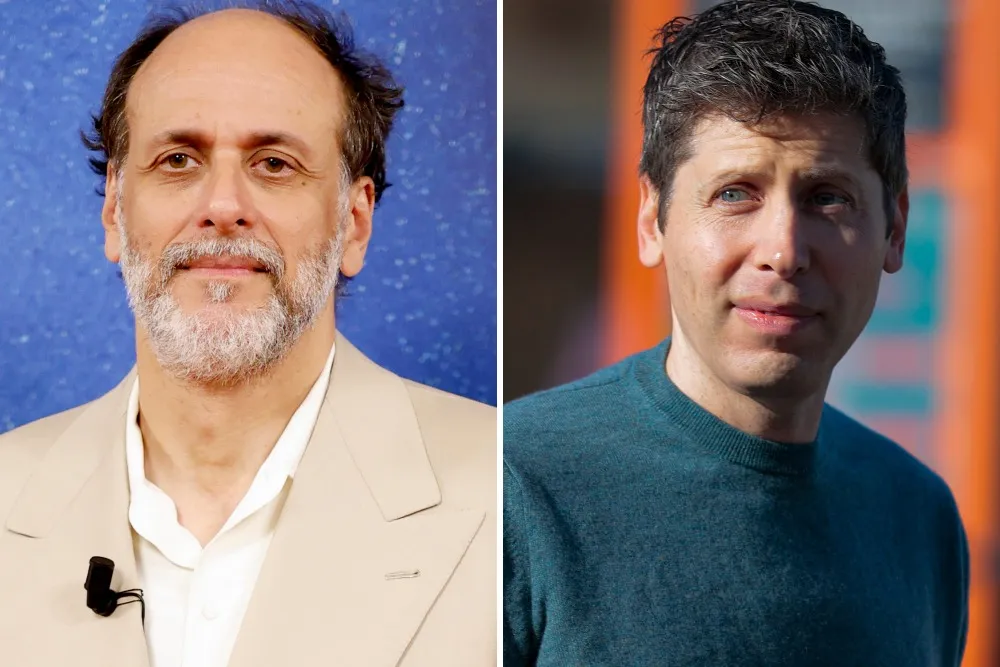Split portrait of two men, one in a beige suit against blue, the other in a teal sweater outdoors.