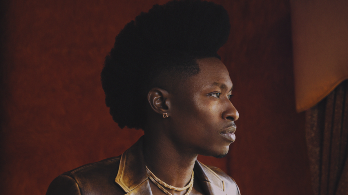 A person in profile with a high hairstyle, leather jacket, gold necklaces, and earring against a warm red background.