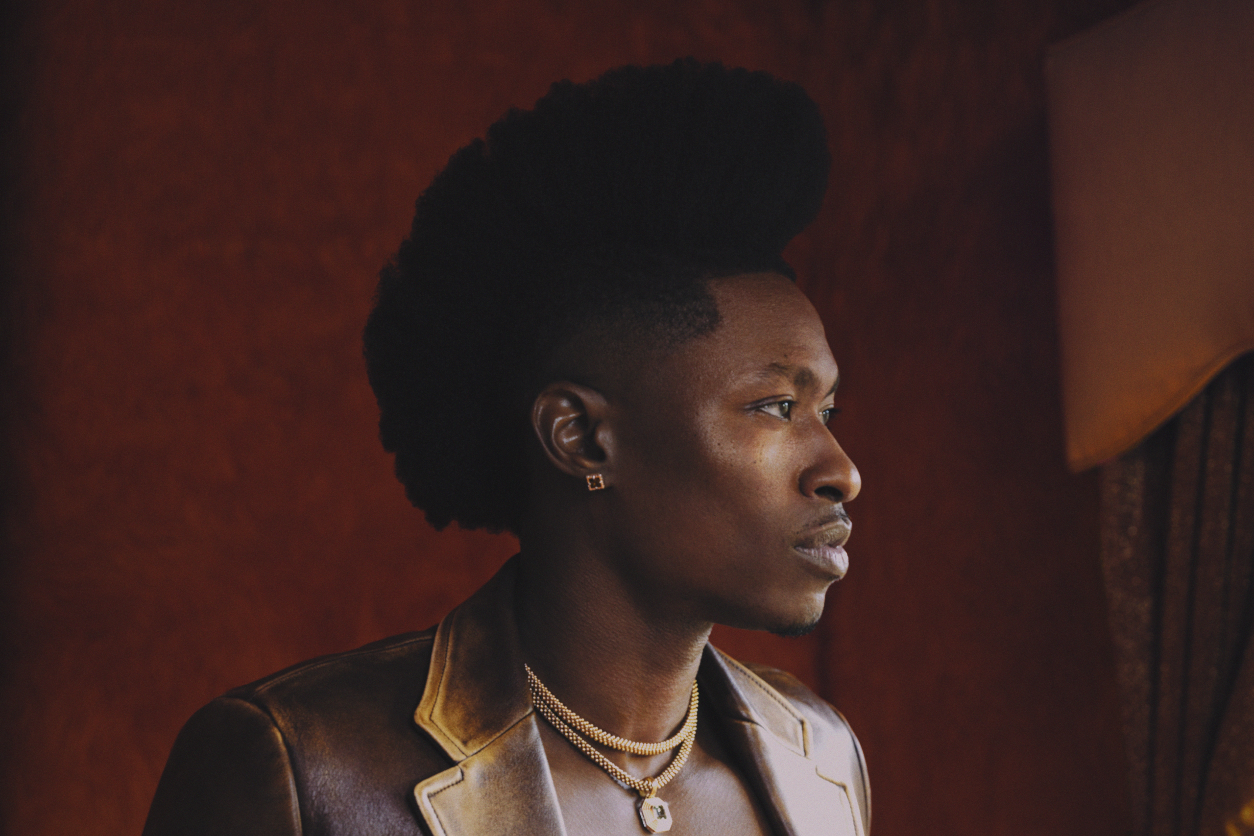 A person in profile with a high hairstyle, leather jacket, gold necklaces, and earring against a warm red background.