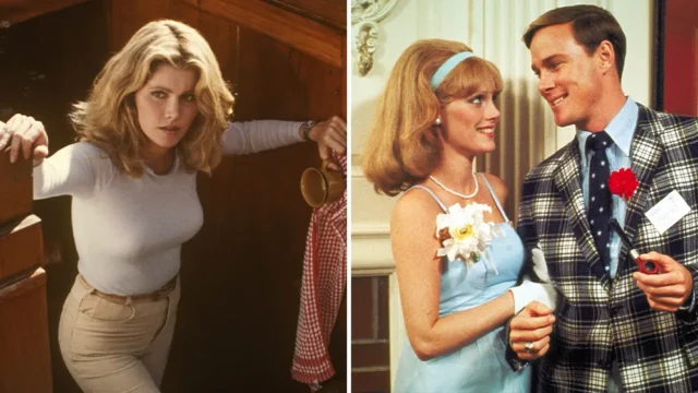Split-screen shows a woman leaning in a wooden wardrobe and a woman in blue beside a plaid-jacketed man.