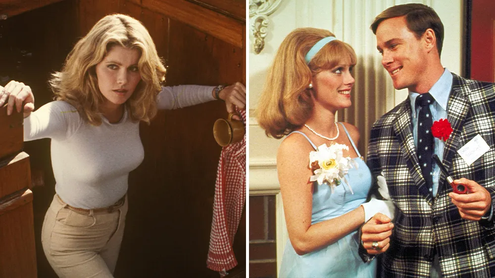 Split-screen shows a woman leaning in a wooden wardrobe and a woman in blue beside a plaid-jacketed man.