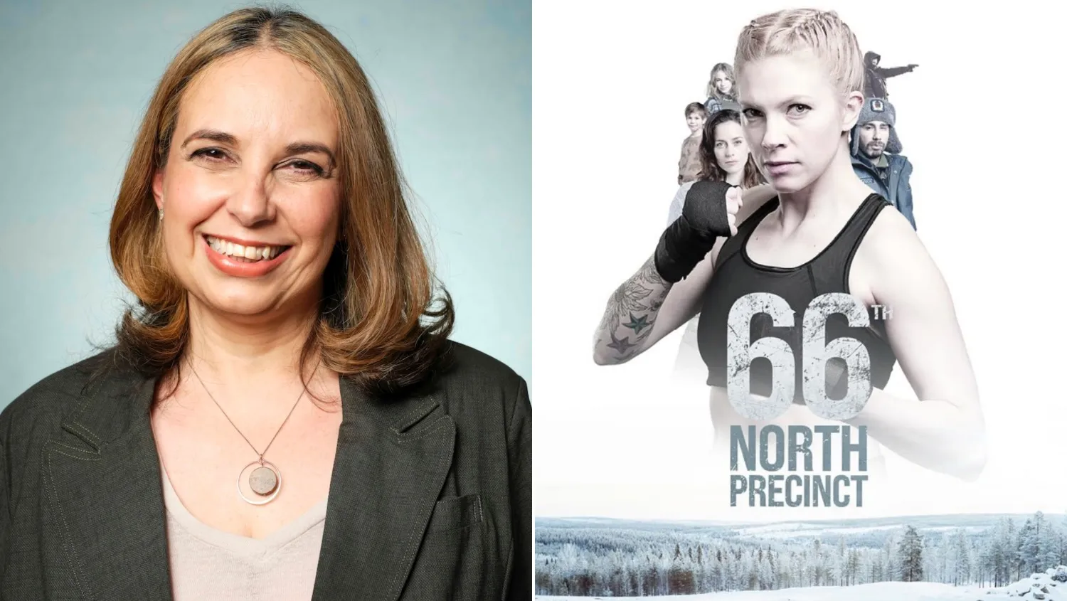 Smiling woman beside a “66 North Precinct” poster showing a person with wrapped fists and snowy landscape.