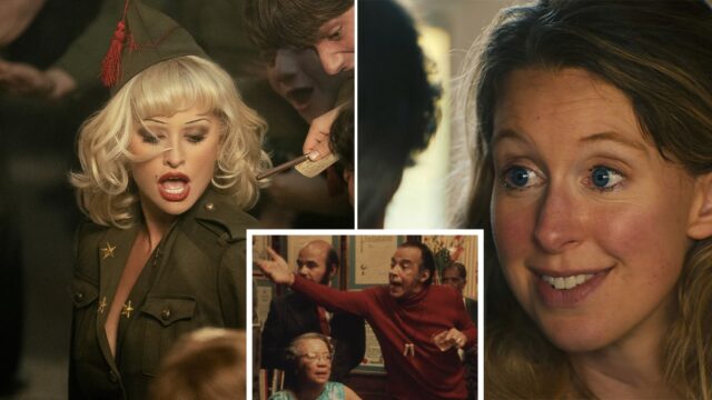 A collage shows a performer in a uniform, a smiling woman close-up, and an inset of people indoors.