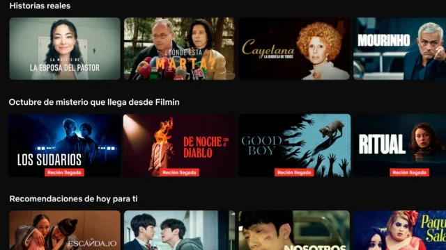 Streaming menu shows Spanish categories and rows of film thumbnails on a dark background.