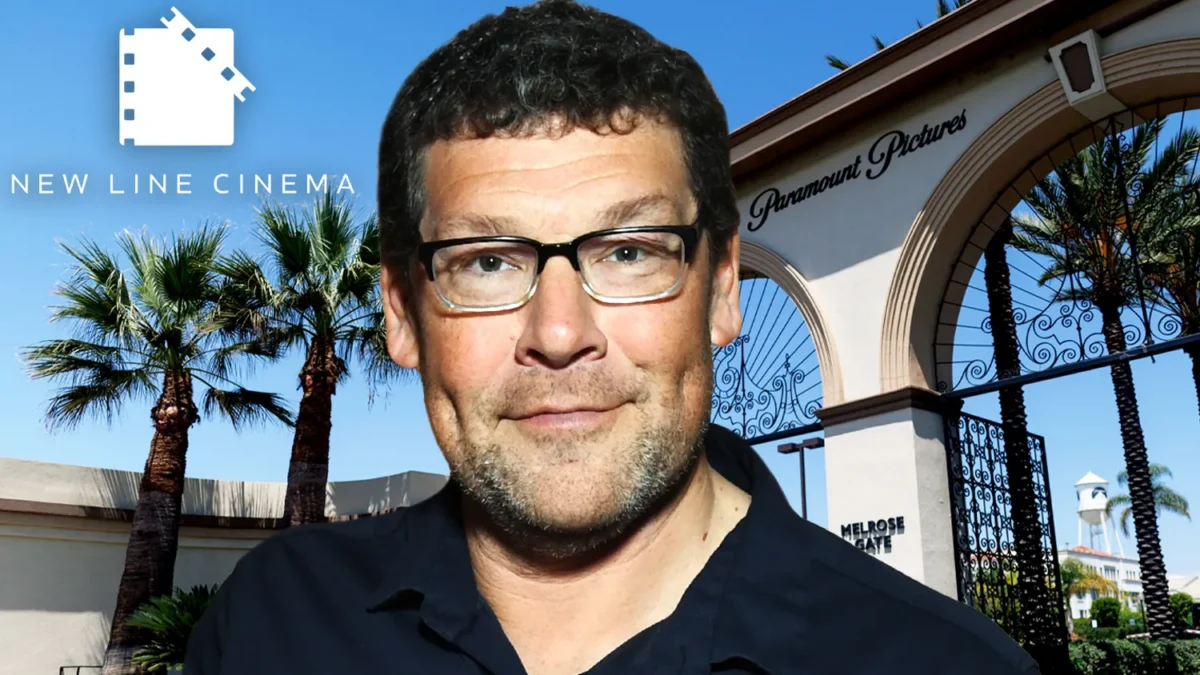 A man with glasses appears before New Line Cinema text and a Paramount Pictures gate with palm trees.