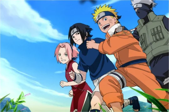 Four anime characters run together under a bright blue sky, led by a smiling blond boy in orange.
