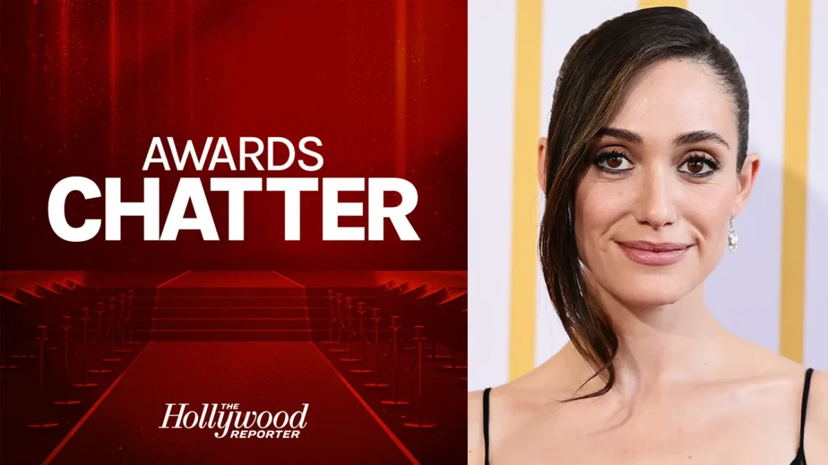 Split graphic showing “Awards Chatter” text on a red theater backdrop and a close-up portrait of a woman.
