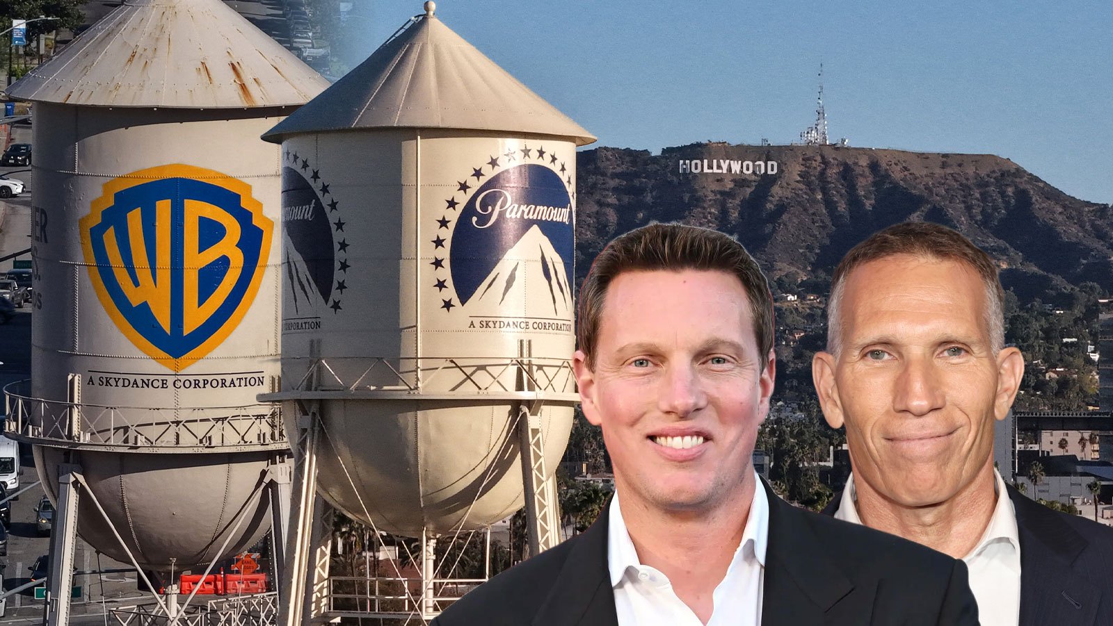 Two men in suits appear before Warner Bros. and Paramount water towers with the Hollywood sign in the background.