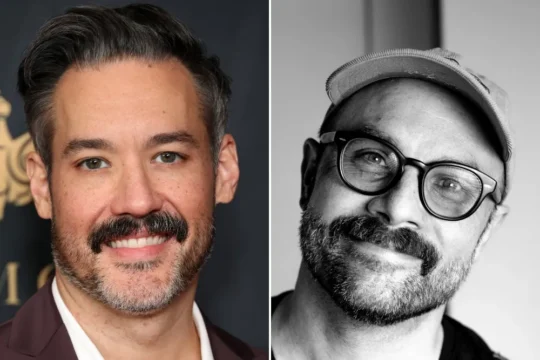 Two side-by-side portraits show smiling men, one in color with a blazer and one black-and-white wearing glasses and a cap.