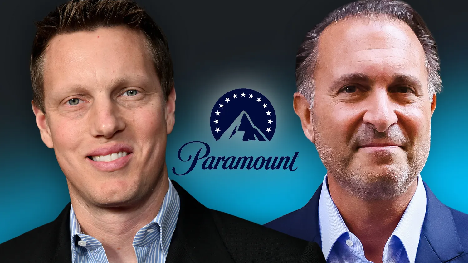 Two men in suits appear beside a Paramount logo on a teal gradient background.