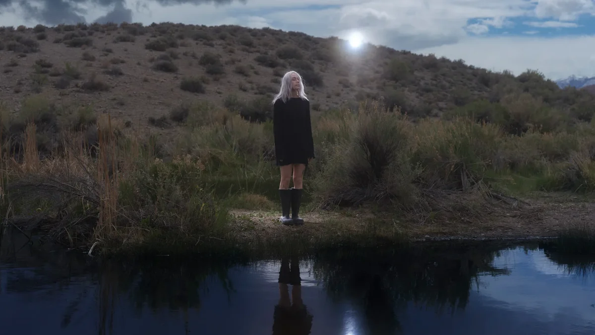 A pale-haired person in black stands by reflective water amid shrubs under a cloudy sky.