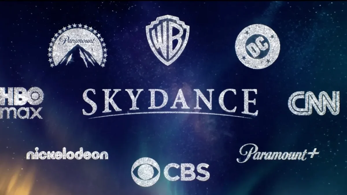 Silver logos for Skydance, HBO Max, Paramount+, CNN, CBS, Nickelodeon, Warner Bros., DC and Paramount appear on a starry background.