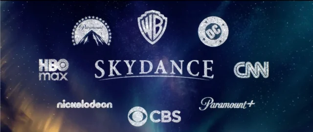 Silver logos for Skydance, HBO Max, Paramount+, CNN, CBS, Nickelodeon, Warner Bros., DC and Paramount appear on a starry background.