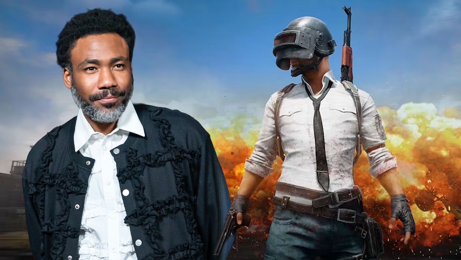 A man in a black jacket stands beside a helmeted armed character against a fiery explosion.