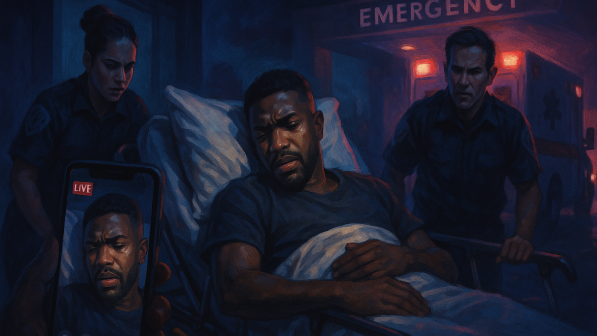 A man lies on a stretcher beside two uniformed people, with a phone showing “LIVE” and an emergency entrance behind.
