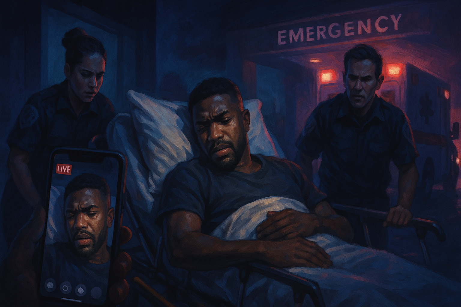 A man lies on a stretcher beside two uniformed people, with a phone showing “LIVE” and an emergency entrance behind.