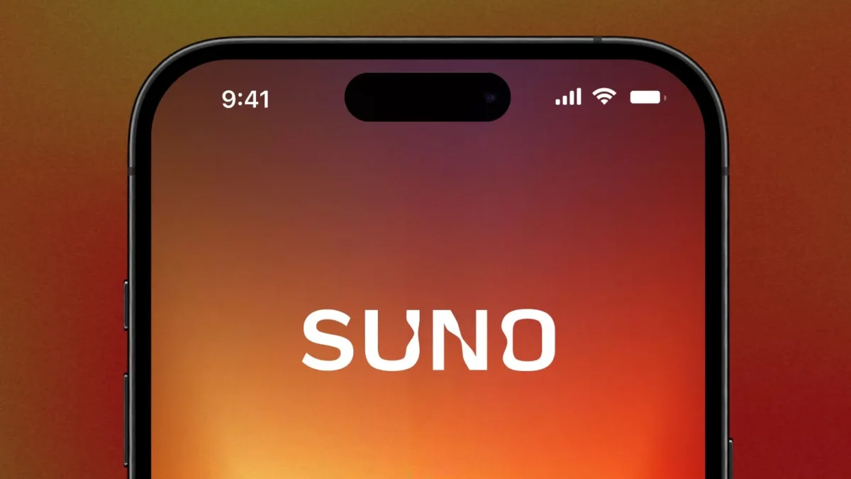 A smartphone screen displays the SUNO logo on an orange-red gradient background.