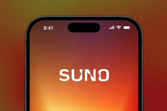 A smartphone screen displays the SUNO logo on an orange-red gradient background.