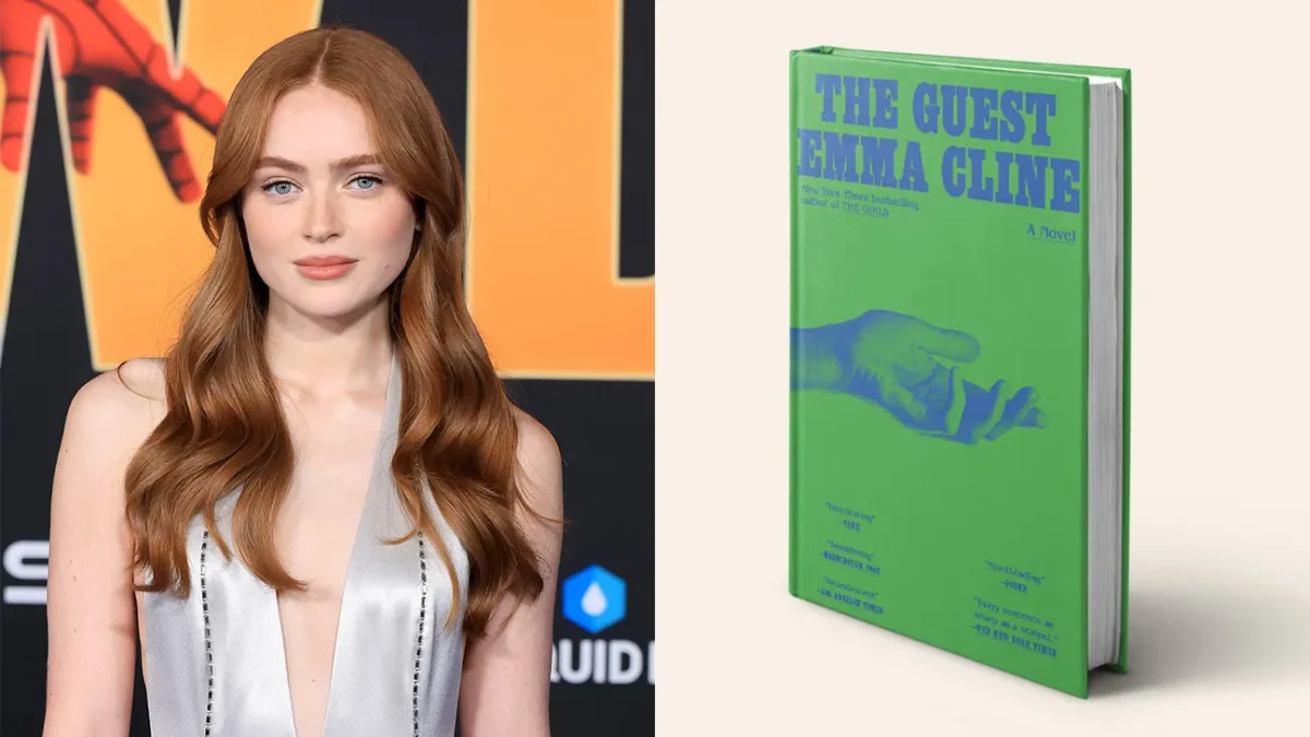 A red-haired woman in a silver dress appears beside a green book cover titled The Guest by Emma Cline.