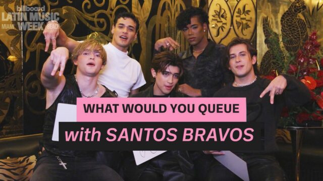 Five young men pose in front of ornate gold wall with graphic reading “What Would You Queue with Santos Bravos.”